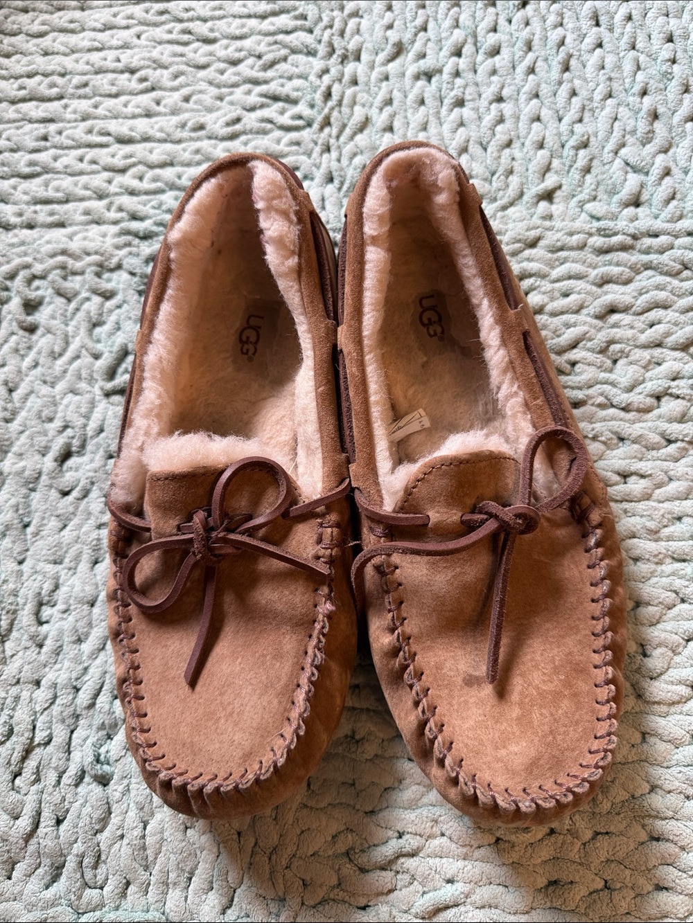 UGG Chestnut Suede Shearling Moccasins with Bow